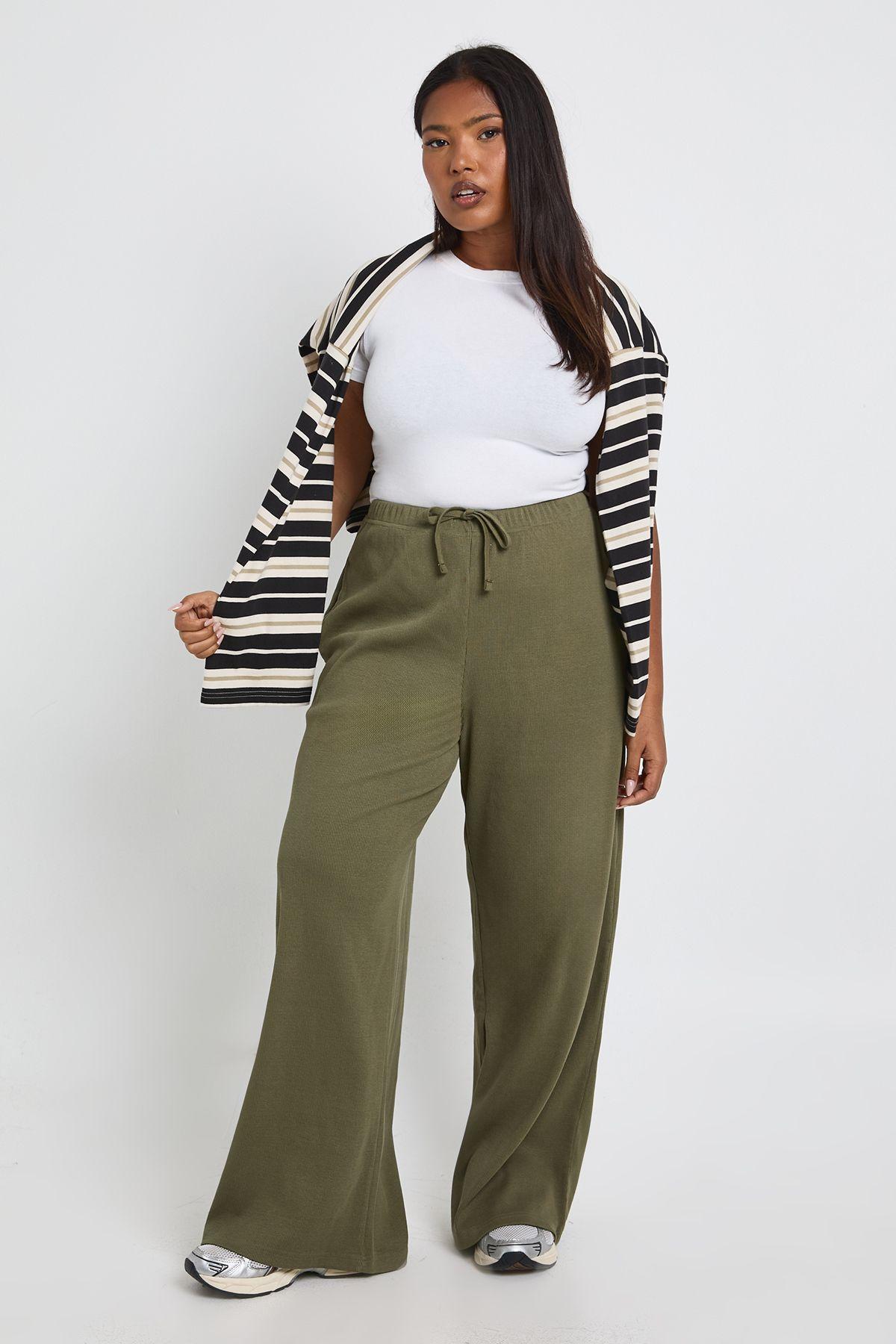 Plus Rib Wide Leg Trouser by BOOHOO
