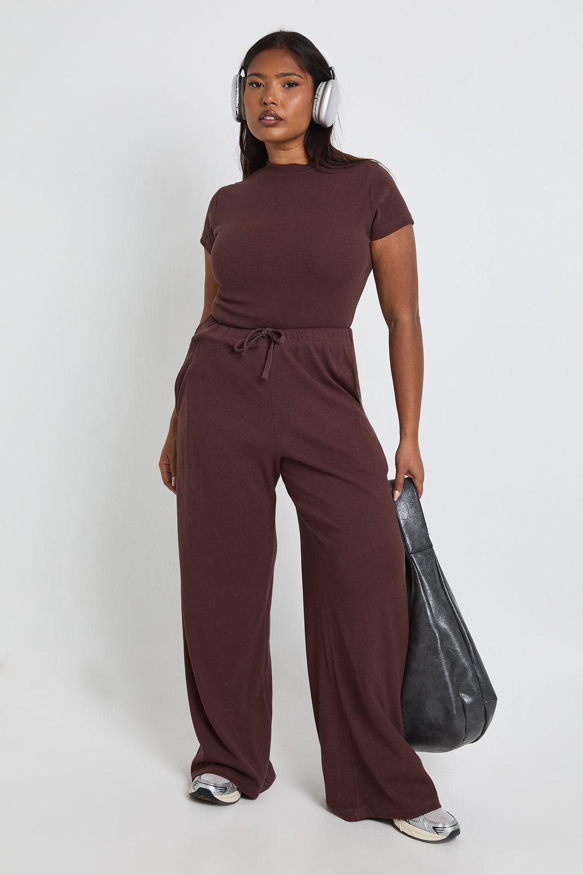 Plus Rib Wide Leg Trouser by BOOHOO