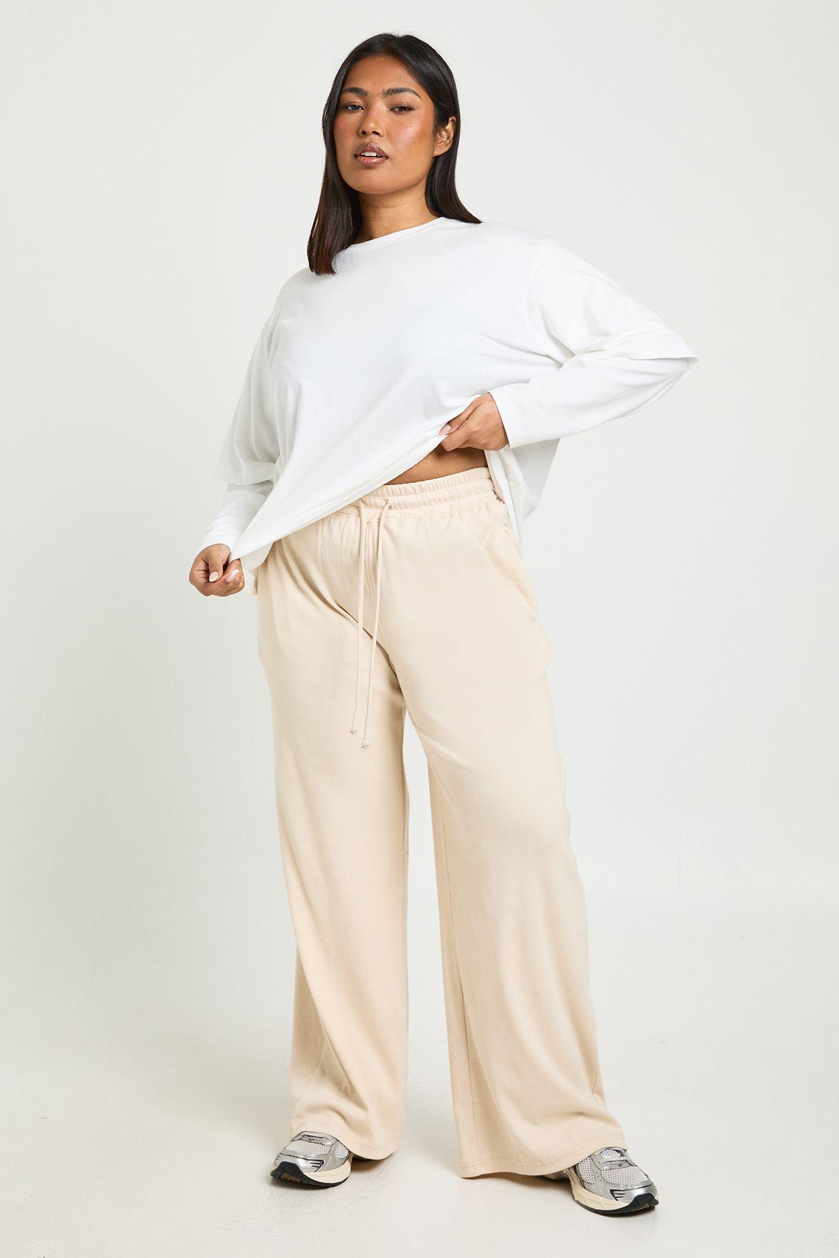Plus Rib Wide Leg Trousers by BOOHOO