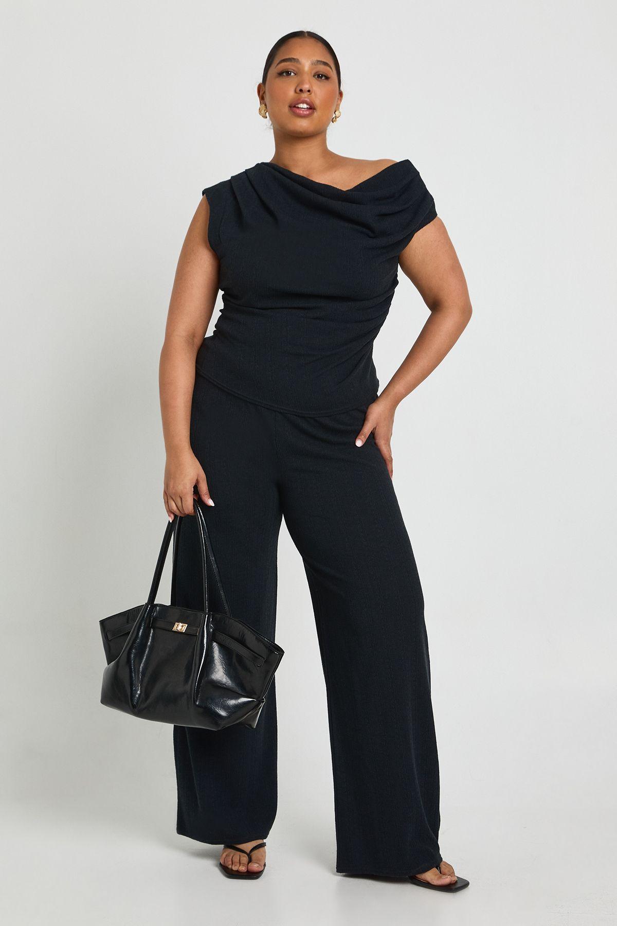 Plus Ribbed Asymmetric Top and Wide Leg Trouser by BOOHOO Plus Ribbed Asymmetric Top and Wide Leg Trouser by BOOHOO