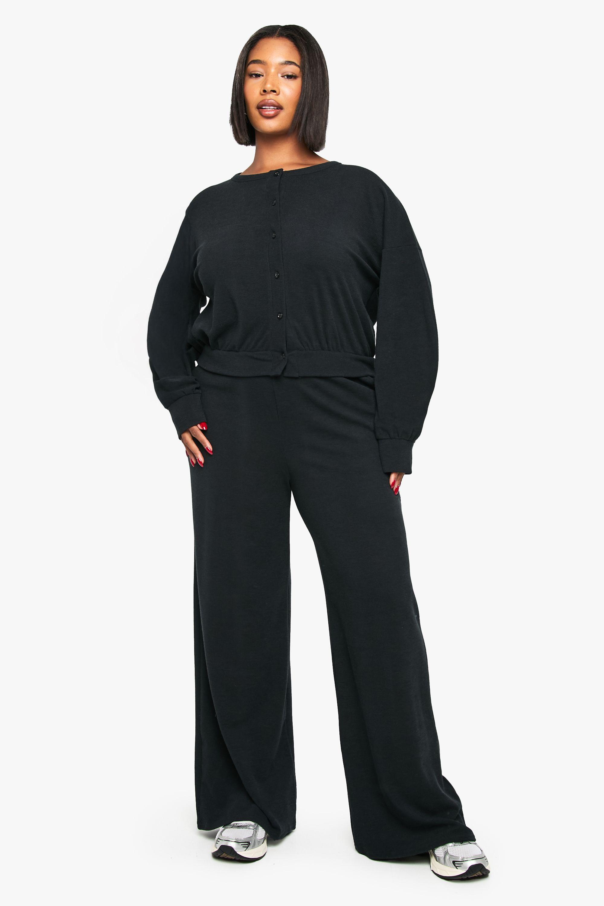 Plus Ribbed Button Down Cardigan and Wide Leg Trouser by BOOHOO Plus Ribbed Button Down Cardigan and Wide Leg Trouser by BOOHOO