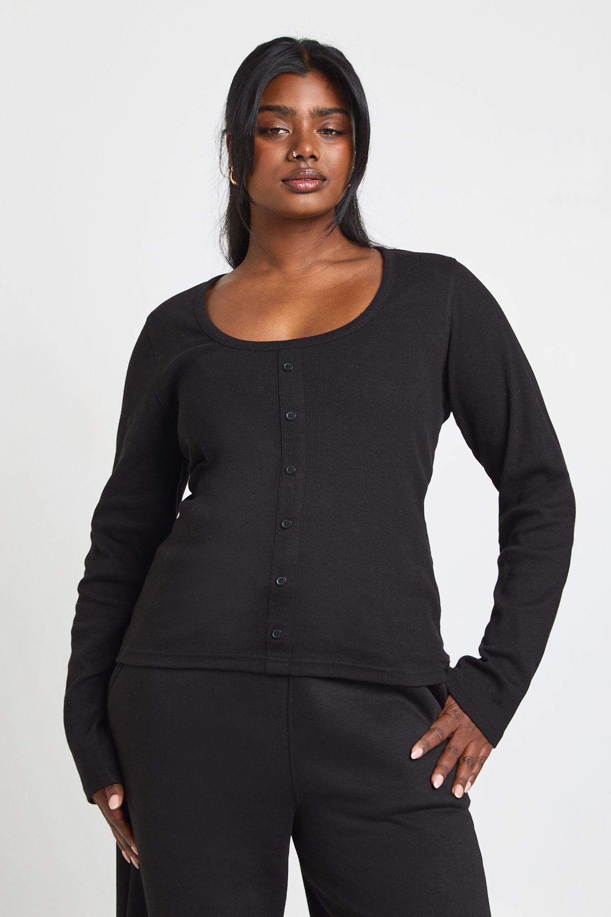 Plus Ribbed Button Through Scoop Neck Long Sleeve Top by BOOHOO