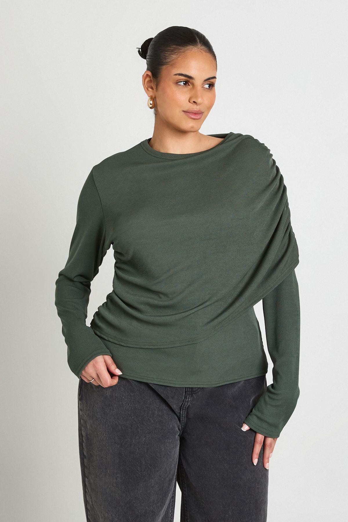 Plus Ribbed Draped Front Long Sleeve Top by BOOHOO