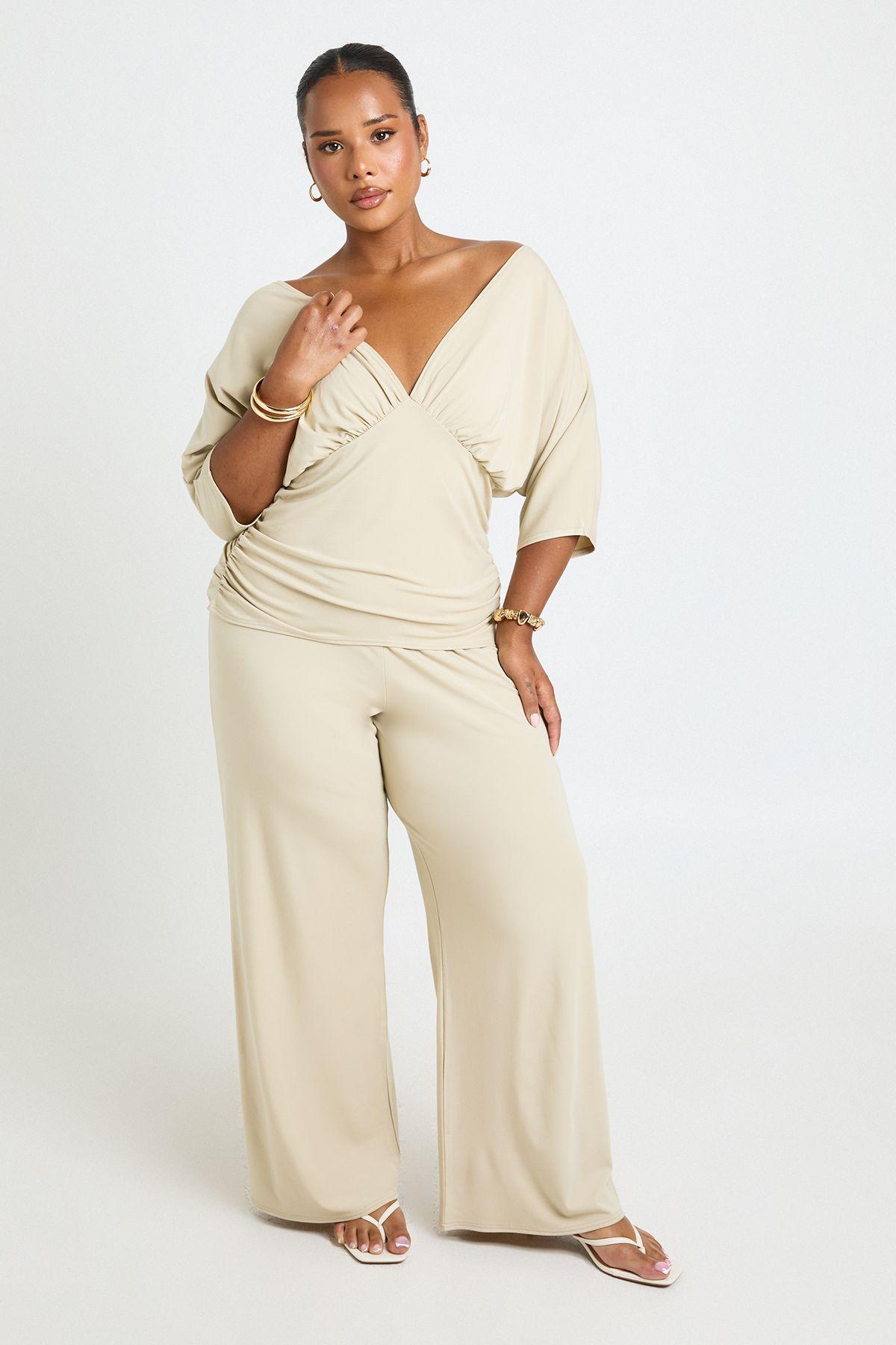 Plus Ribbed V Neck Batwing Top & Wide Leg Trouser Co Ord by BOOHOO