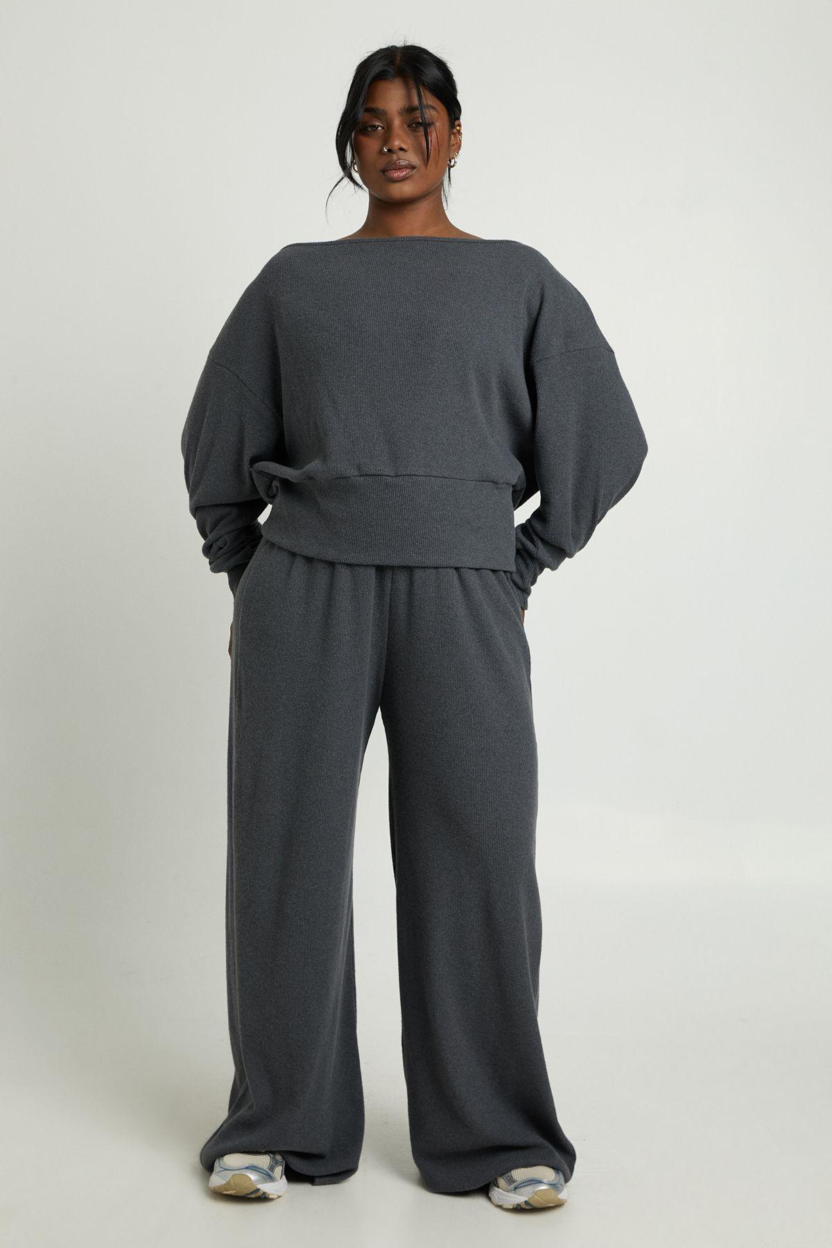 Plus Ribbed Wide Leg Trouser by BOOHOO Plus Ribbed Wide Leg Trouser by BOOHOO