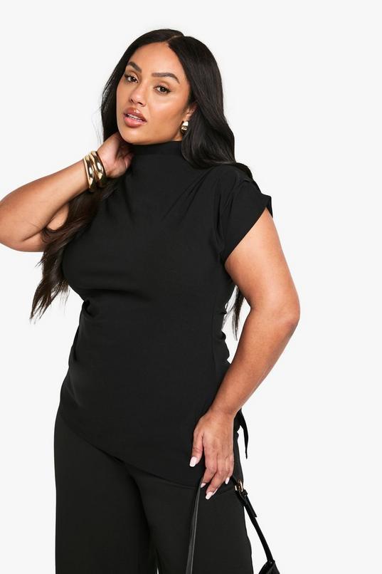 Plus Ruched Shoulder Asymmetric Hem Top by BOOHOO