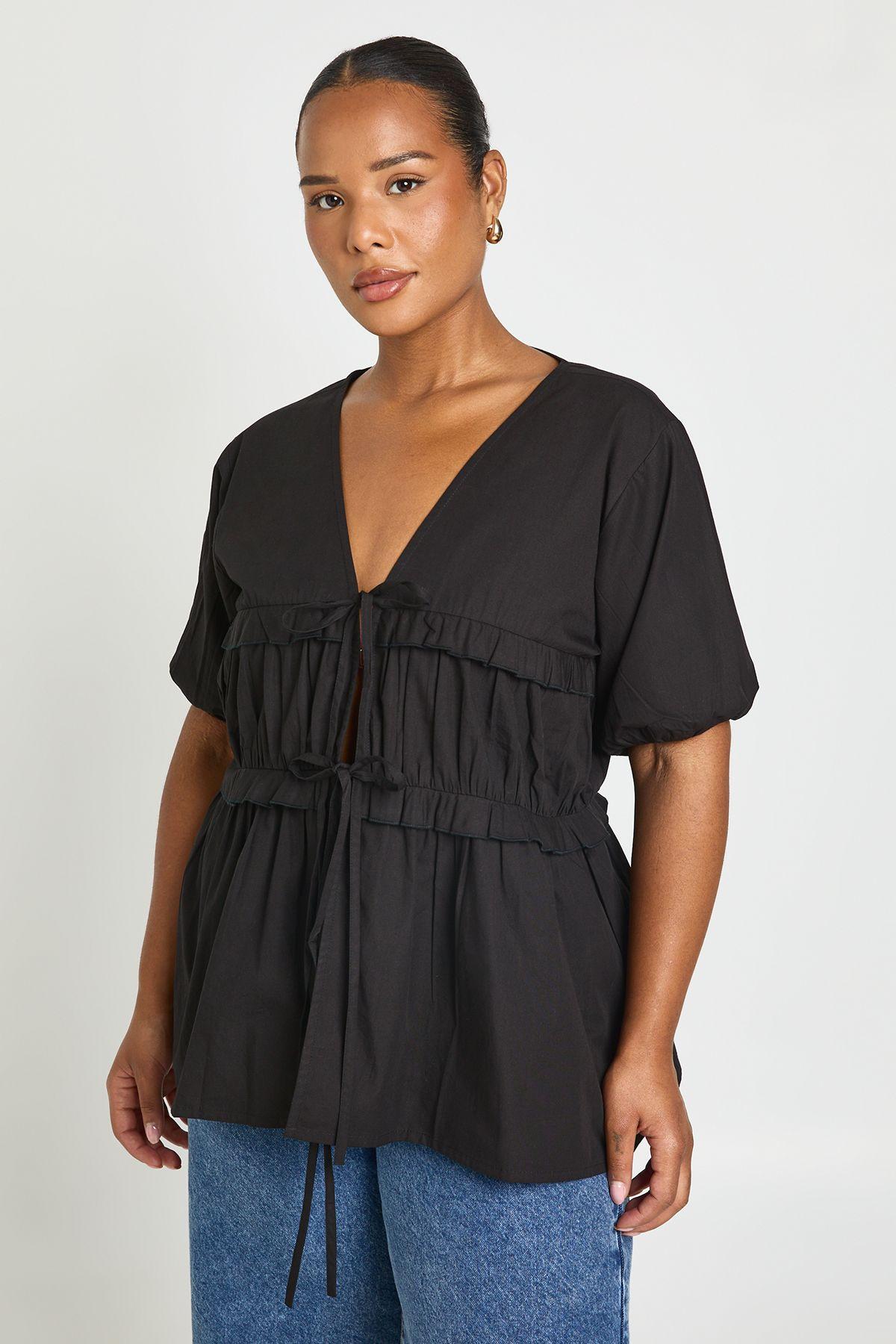 Plus Ruched Tie Front Detail Short Sleeve Smock Top by BOOHOO