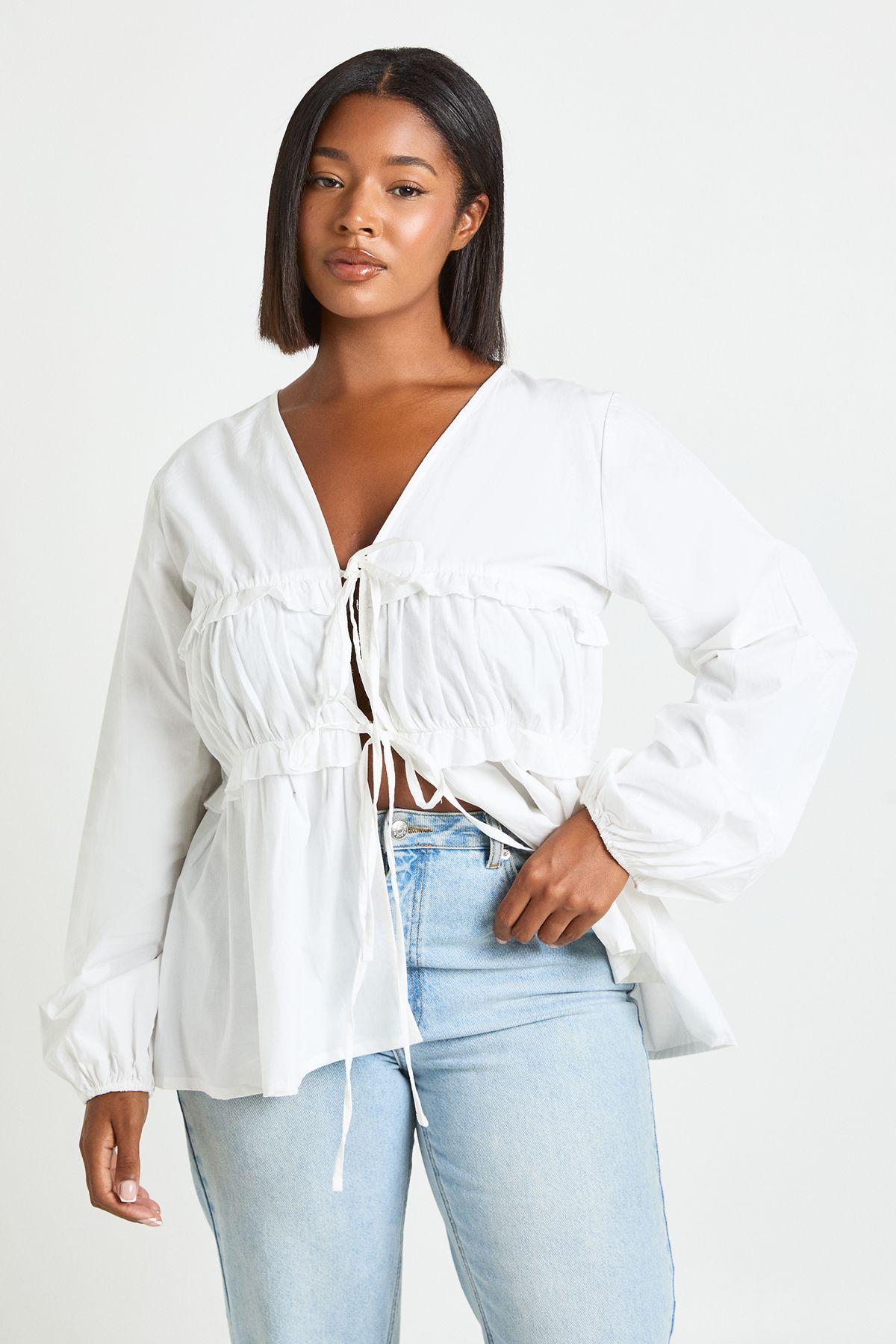 Plus Ruched Tie Front Detail Smock Top by BOOHOO