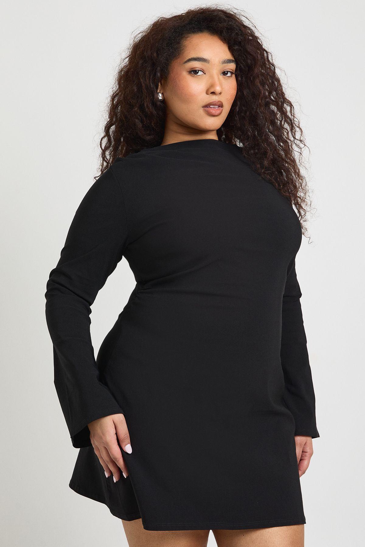 Plus Ruched Waist Flared Sleeve Mini Dress by BOOHOO