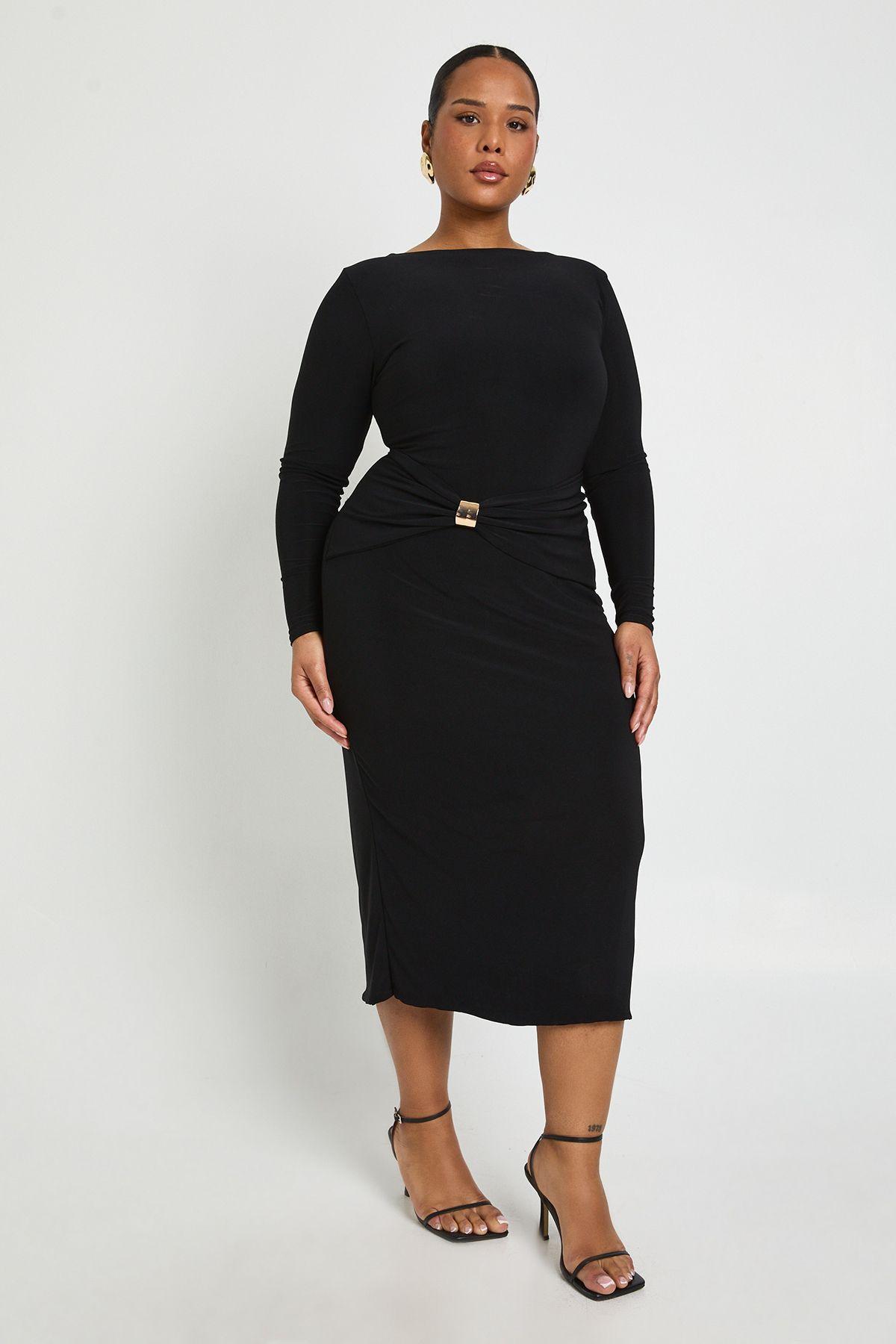 Plus Ruched Waist Gold Trim Midaxi Dress by BOOHOO