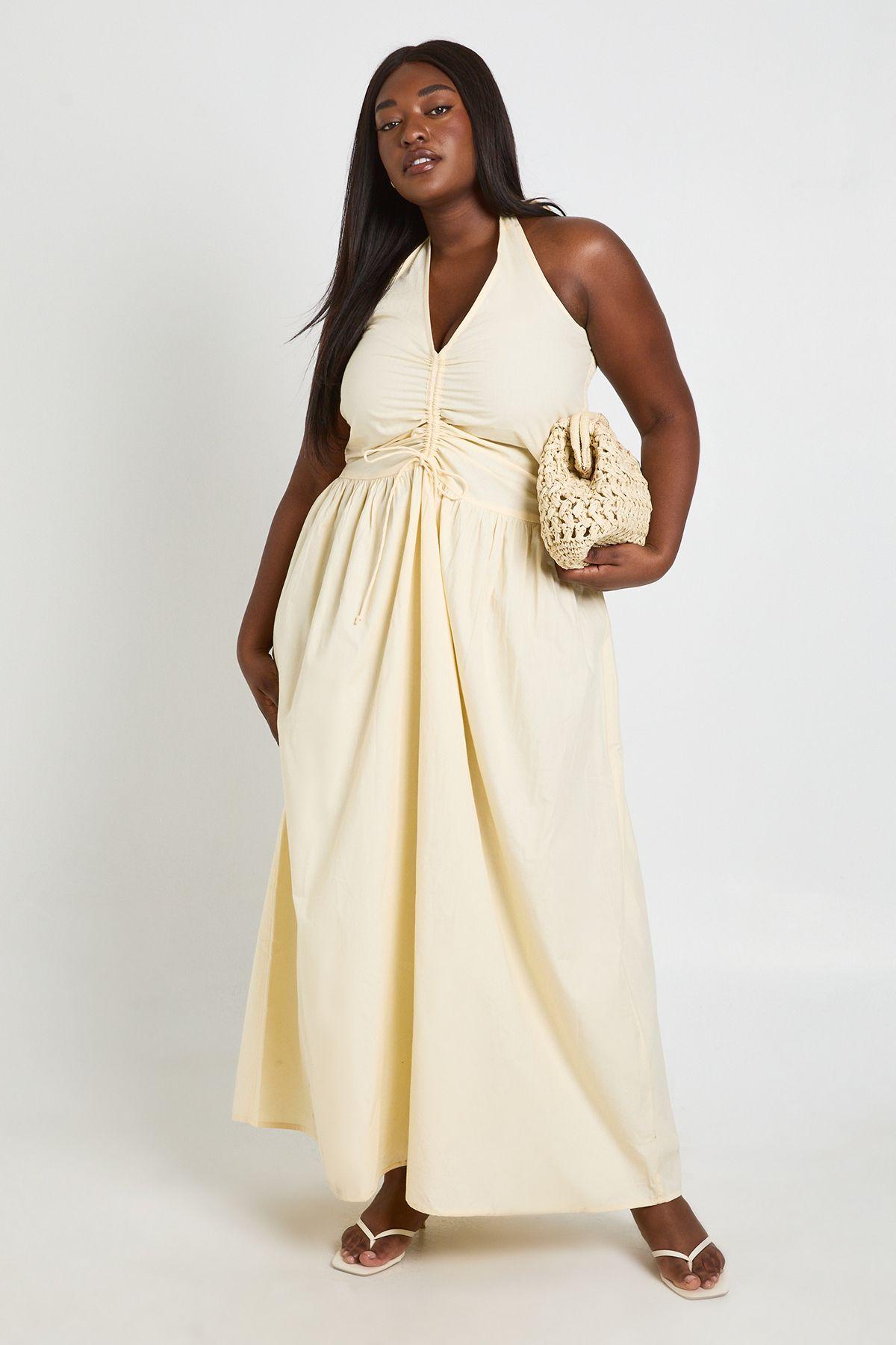 Plus Ruching Detail Halter Neck Maxi Dress by BOOHOO