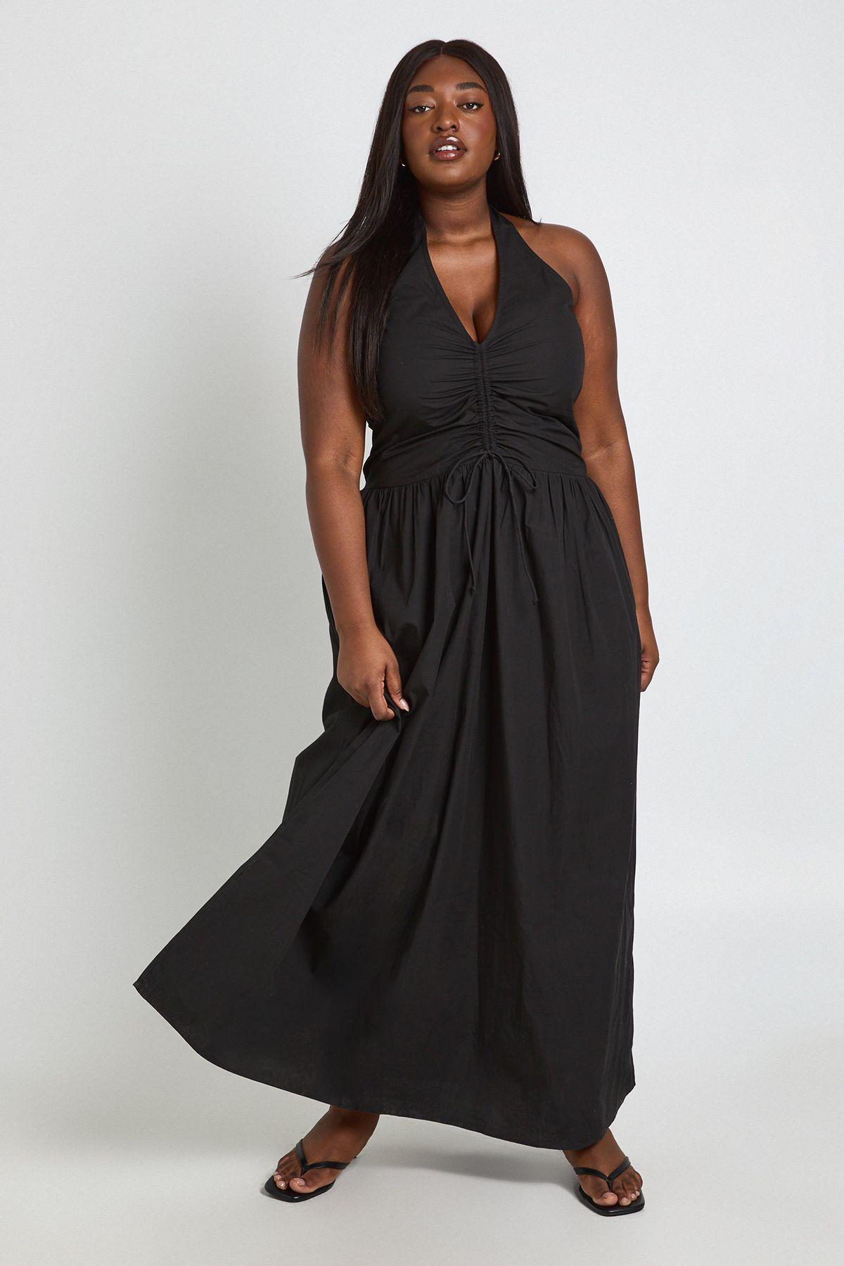 Plus Ruching Detail Halter Neck Maxi Dress by BOOHOO