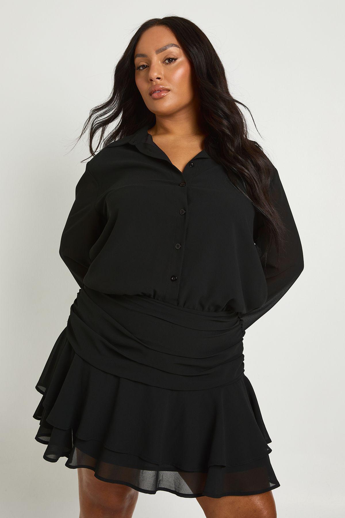 Plus Ruffle Mini Skirt Shirt Dress by BOOHOO