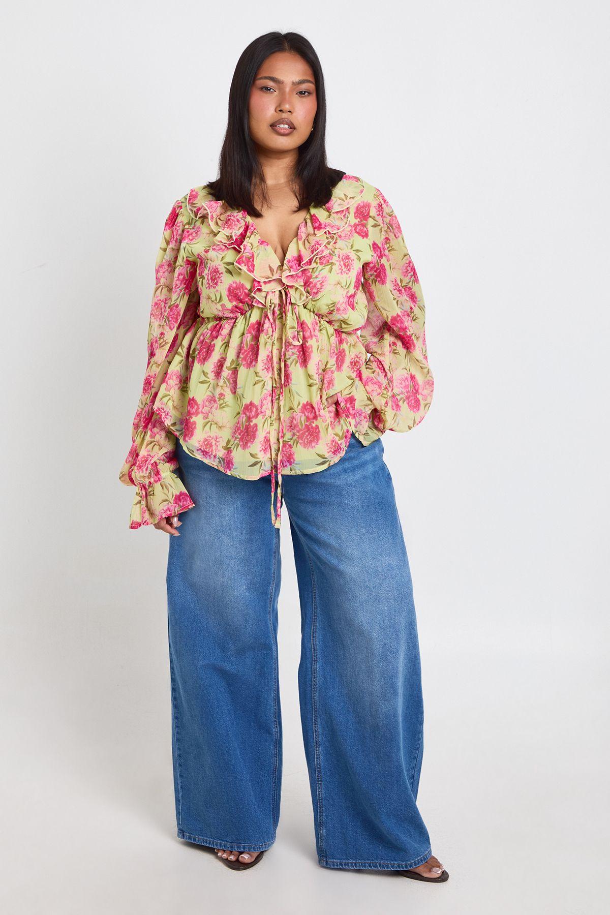 Plus Ruffle Tie Front Smock Top by BOOHOO Plus Ruffle Tie Front Smock Top by BOOHOO