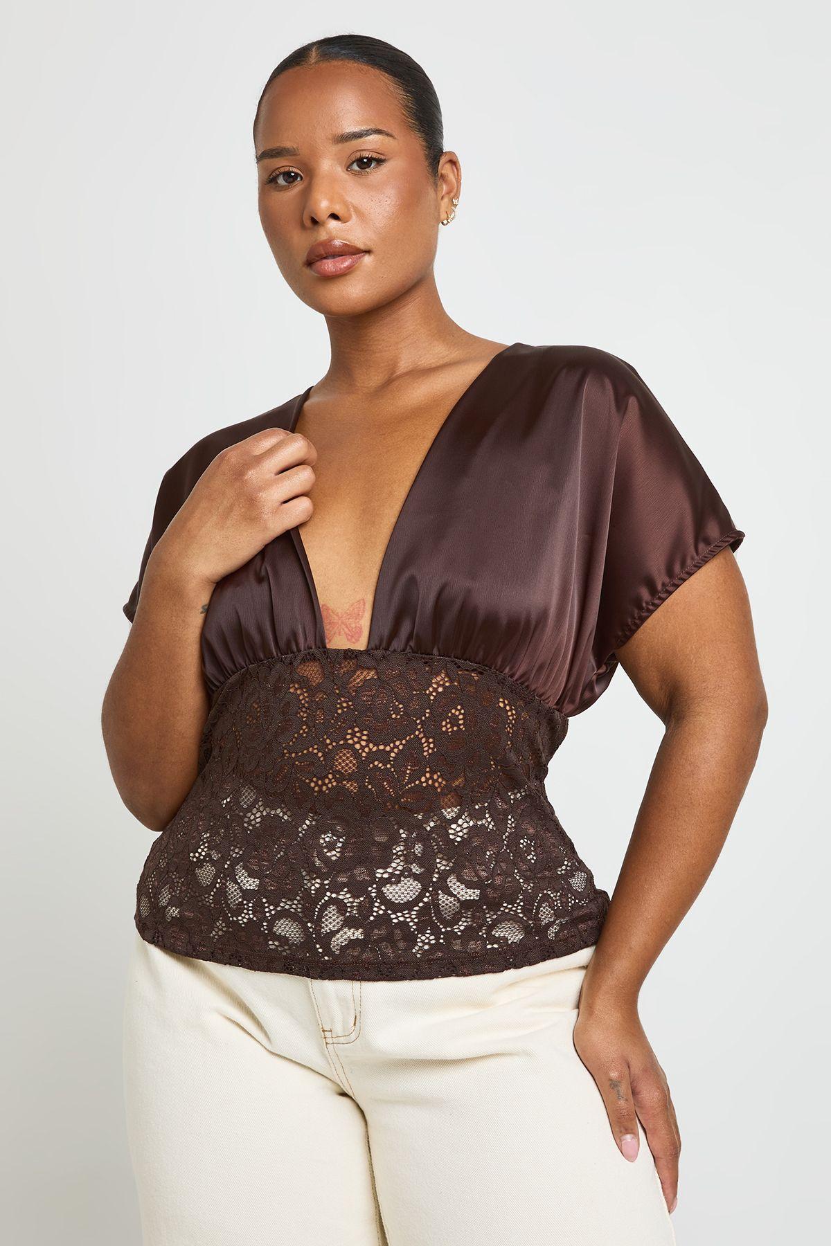 Plus Satin Bust Lace Waist V Neck Top by BOOHOO