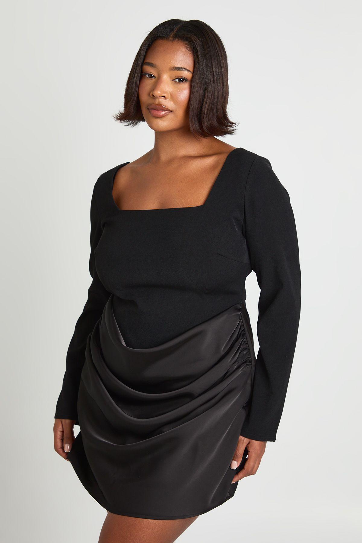 Plus Satin Drape Long Sleeve Mini Dress by BOOHOO