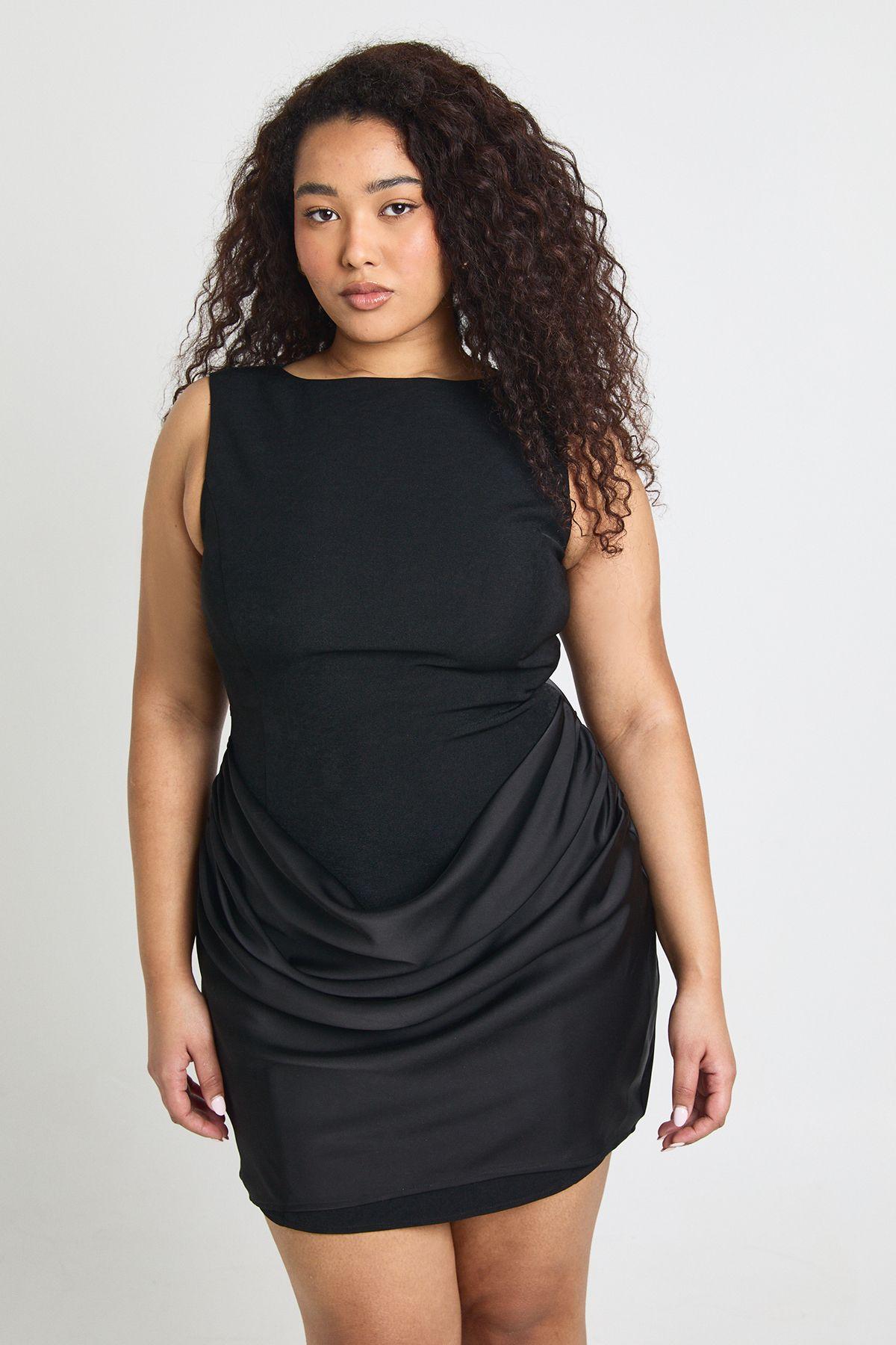 Plus Satin Drape Slash Neck Mini Dress by BOOHOO