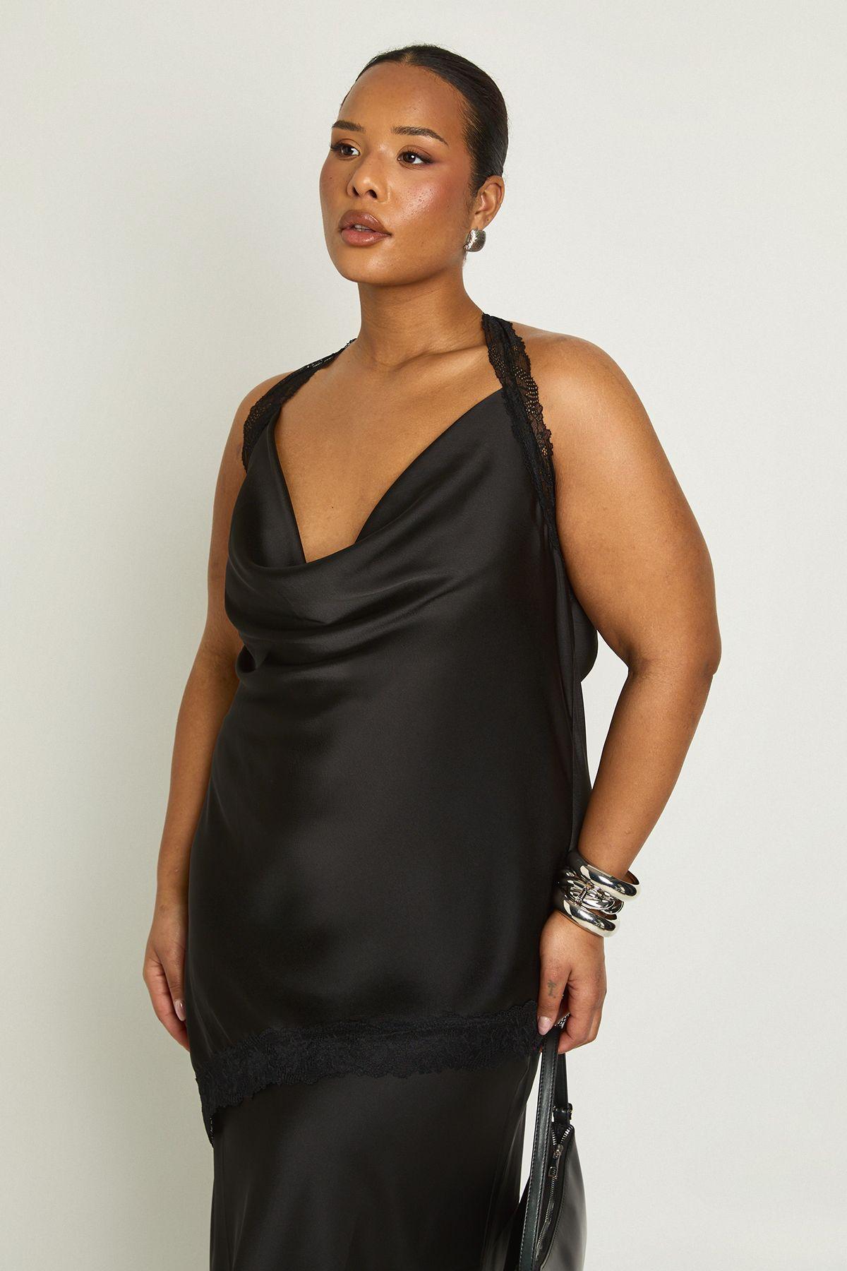 Plus Satin Lace Trim Asymmetric Cowl Neck Top by BOOHOO