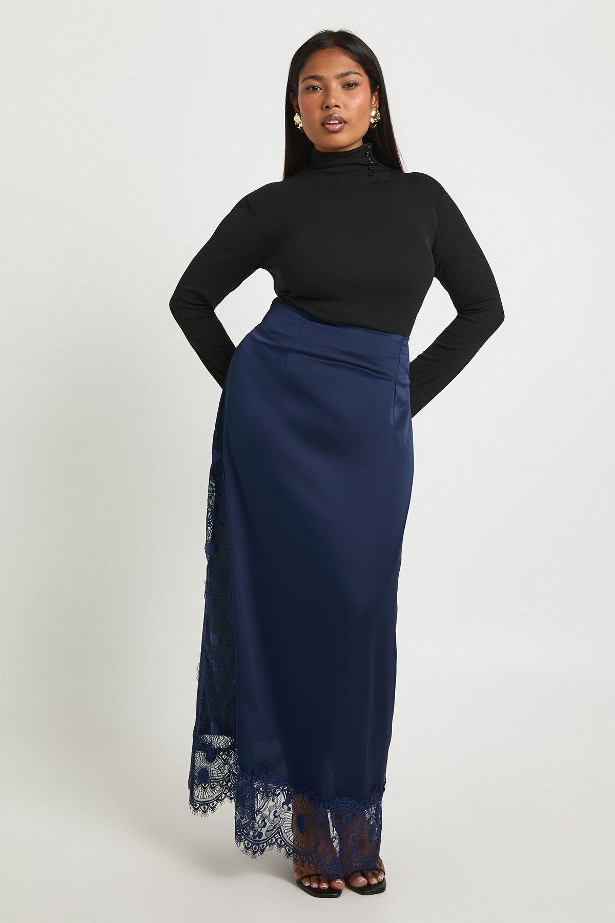 Plus Satin Lace Trim Midaxi Skirt by BOOHOO