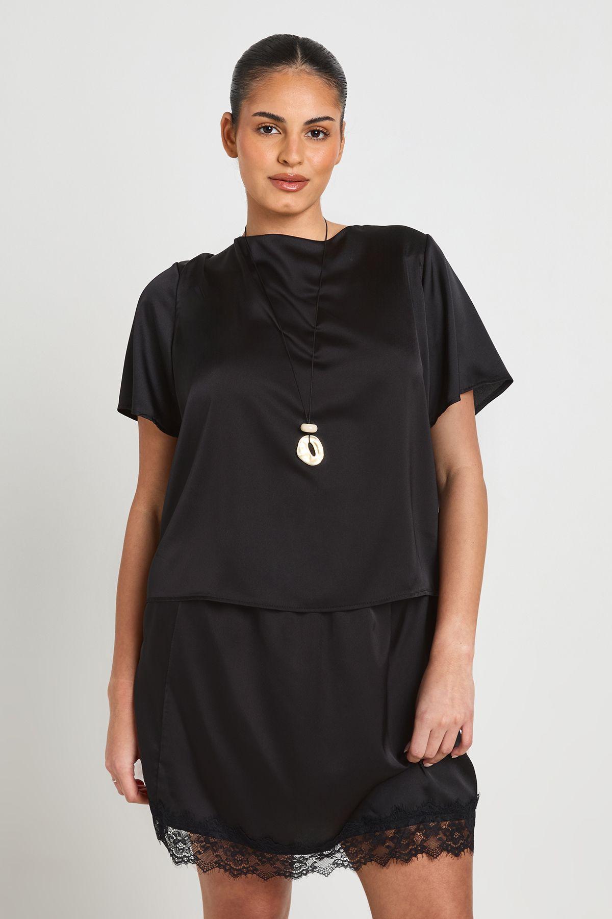 Plus Satin Oversized T-Shirt And Lace Mini Skirt Co-ord by BOOHOO
