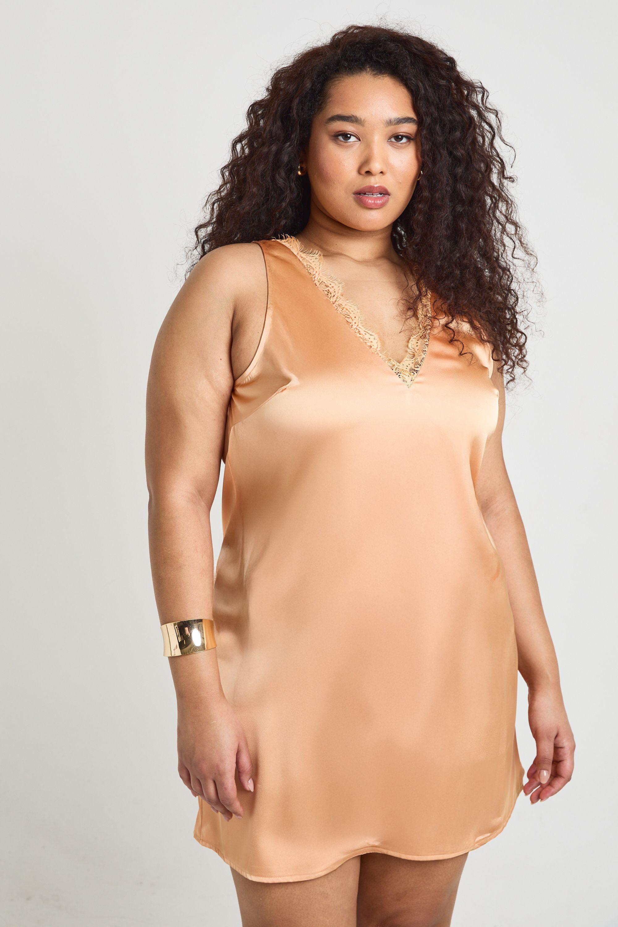 Plus Satin Plunge Front Lace Trim shift Dress by BOOHOO