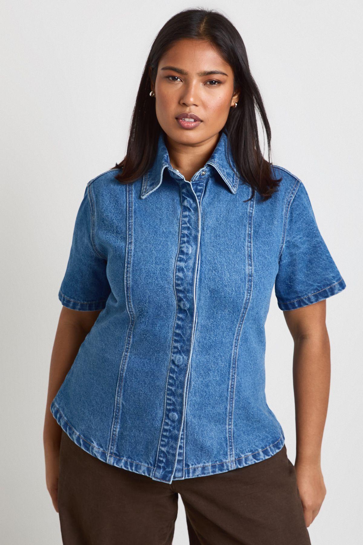 Plus Seam Detail Denim Shirt by BOOHOO