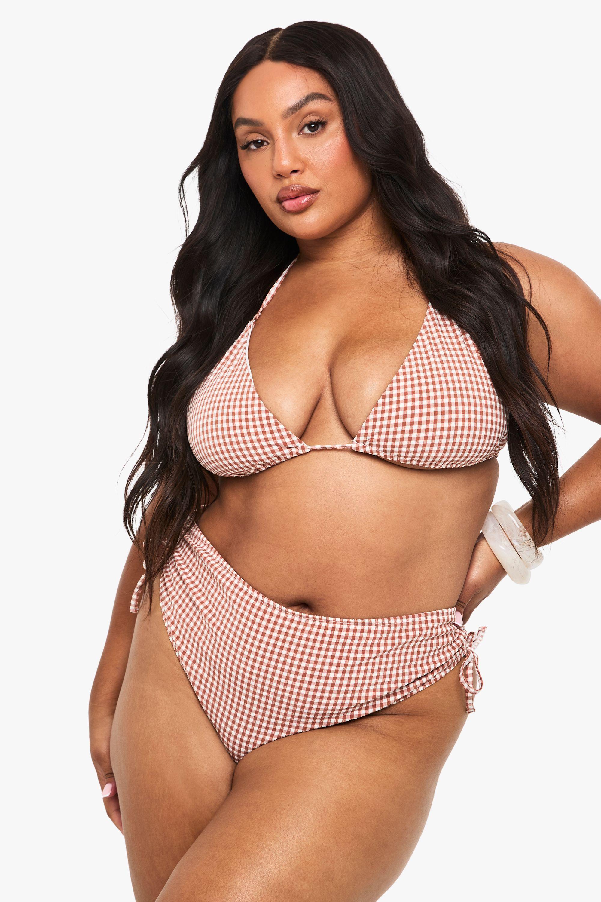 Plus Seersucker Gingham Ruched High Waist Brief by BOOHOO