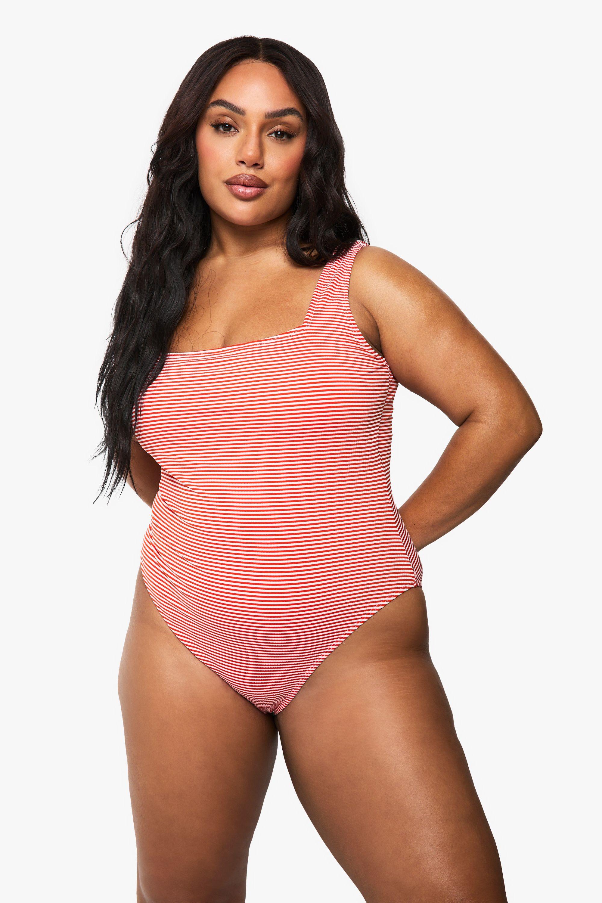 Plus Seersucker Stripe Scoop Neck Swimsuit by BOOHOO