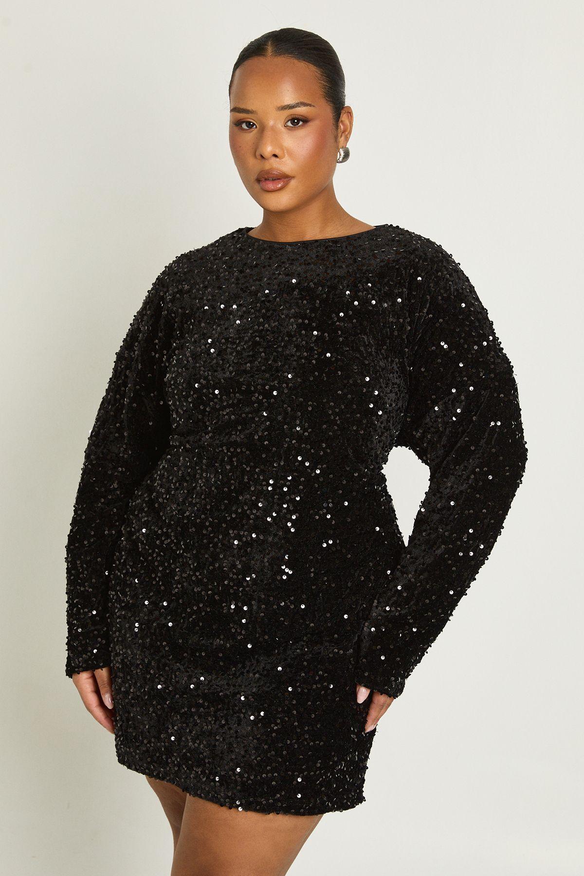 Plus Sequin Batwing Shift Dress by BOOHOO