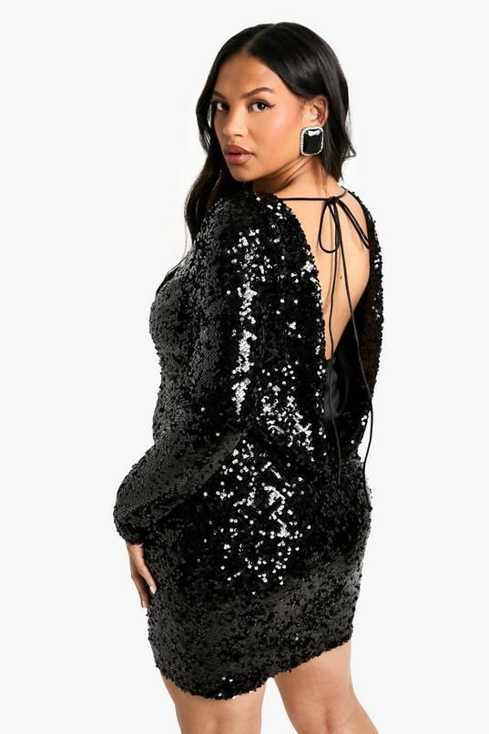 Plus Sequin Cowl Back Long Sleeve Mini Dress by BOOHOO
