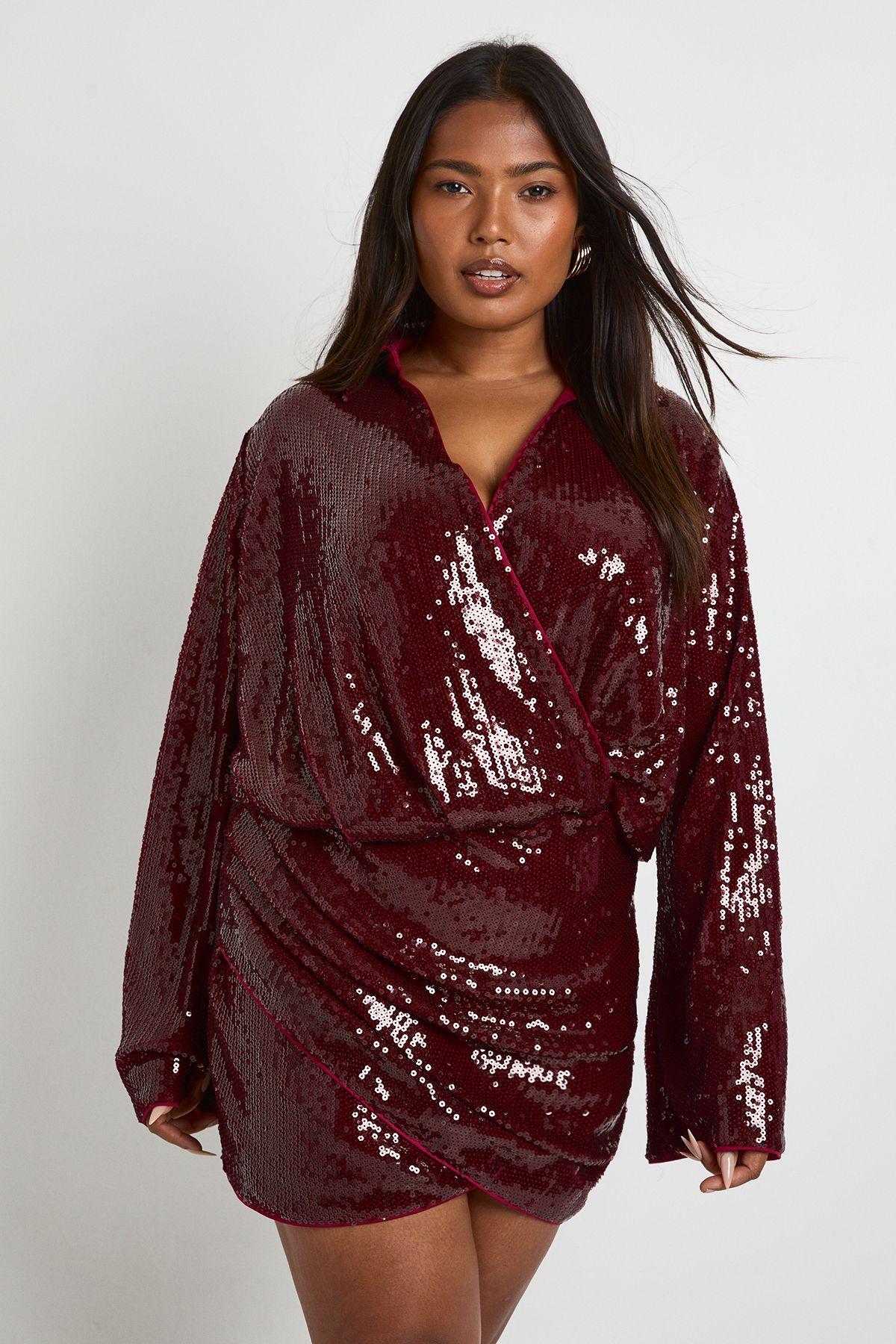 Plus Sequin Draped Flare Sleeve Shirt Dress by BOOHOO