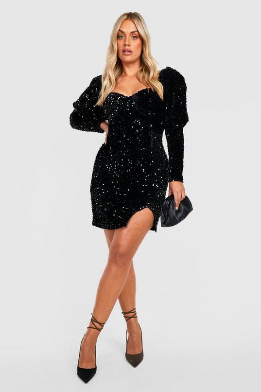 Plus Sequin Puff Sleeve Mini Dress by BOOHOO