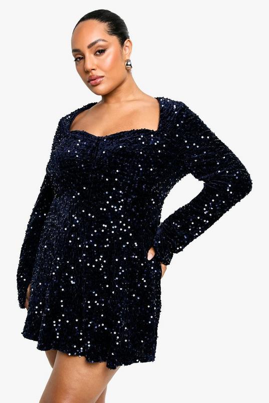Plus Sequin Velvet Sweetheart Skater Dress by BOOHOO Plus Sequin Velvet Sweetheart Skater Dress by BOOHOO
