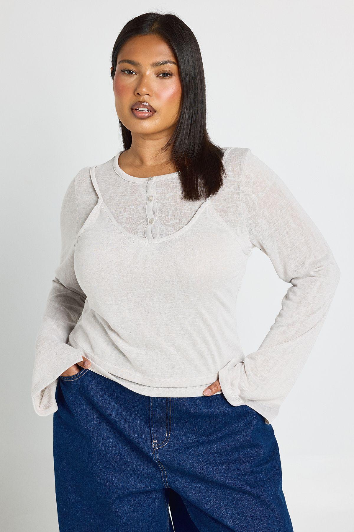 Plus Sheer Double Layer Henley Top by BOOHOO