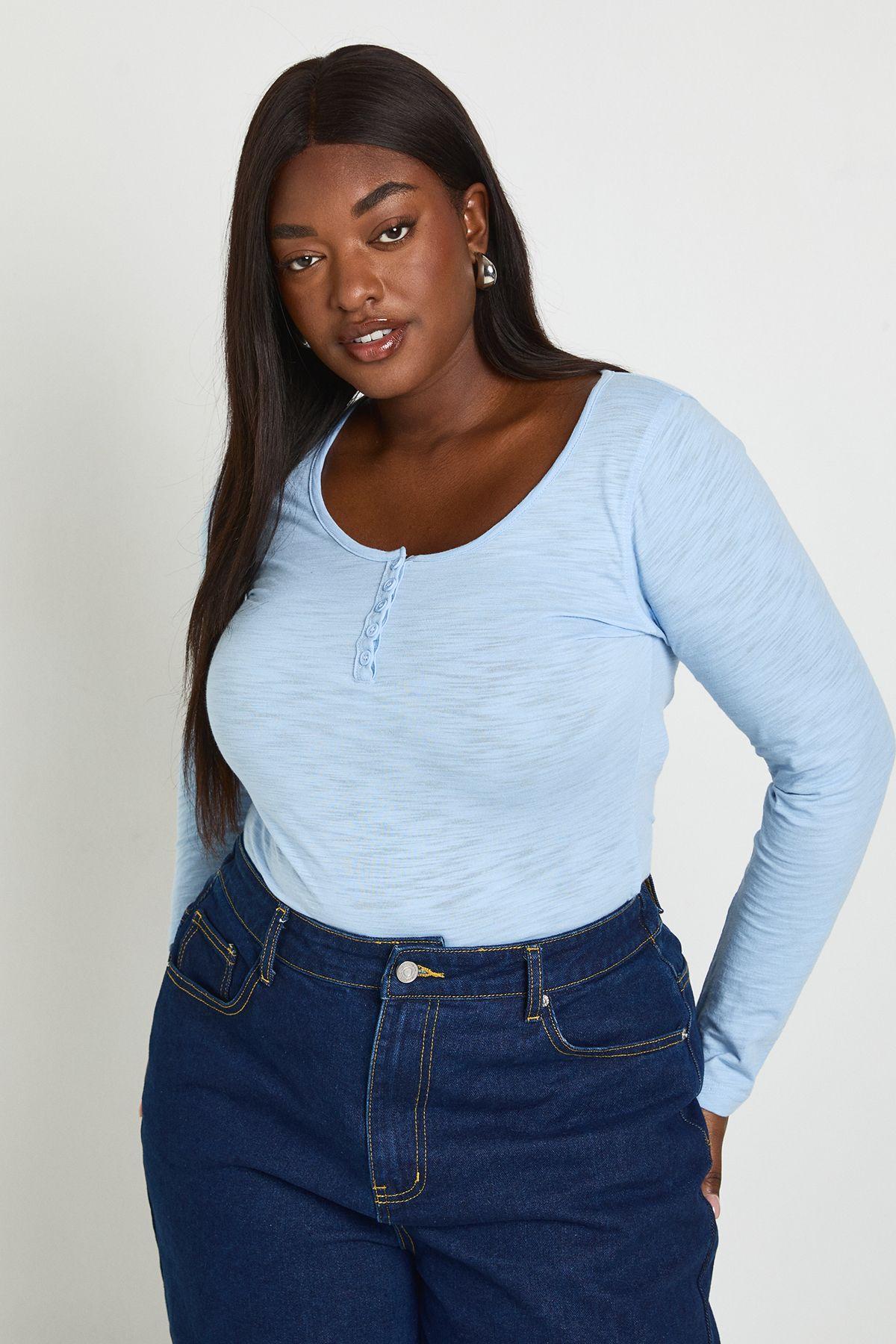 Plus Sheer Slub Button Down Scoop Neck Long Sleeve Top by BOOHOO
