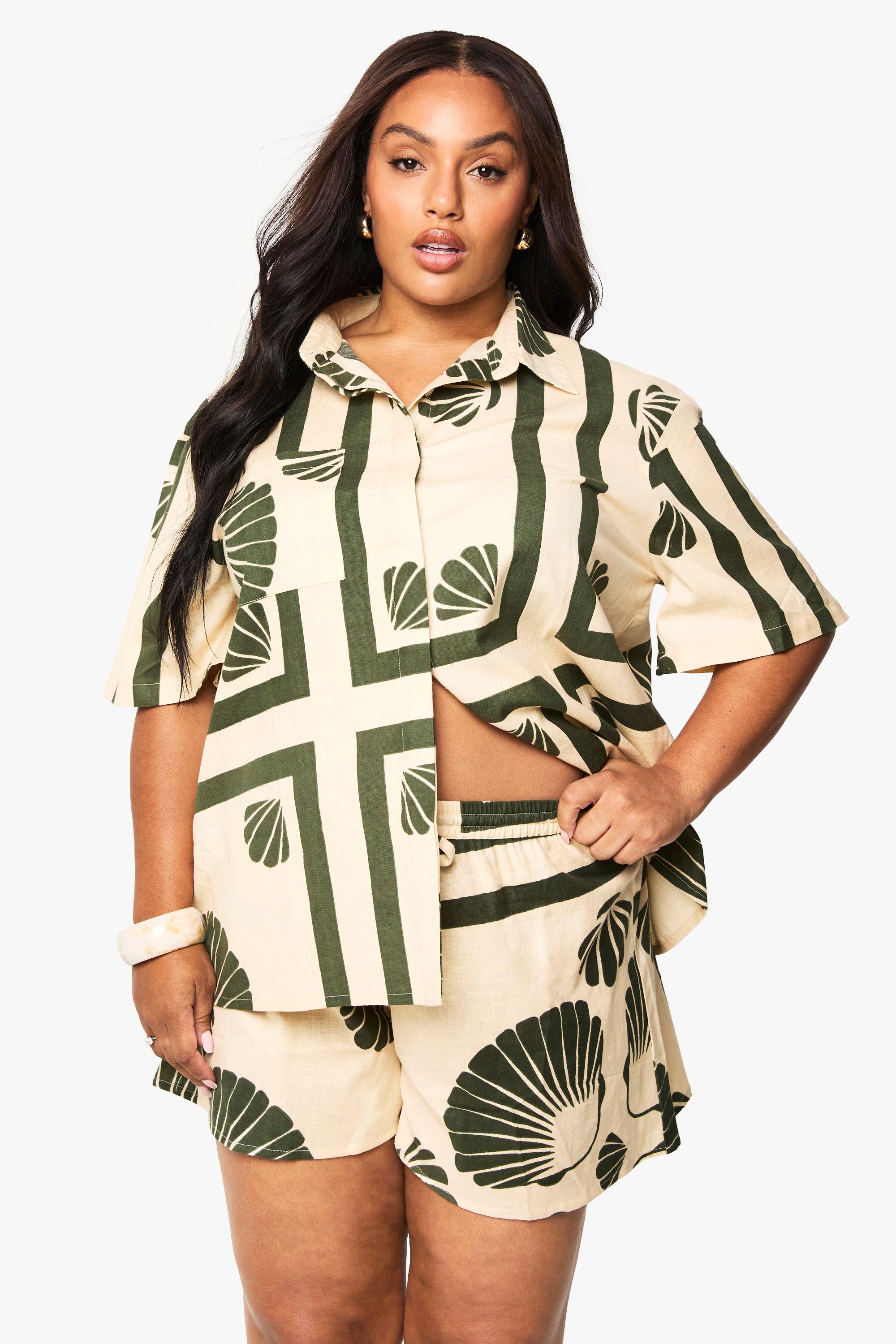Plus Shell Print Linen Shorts by BOOHOO