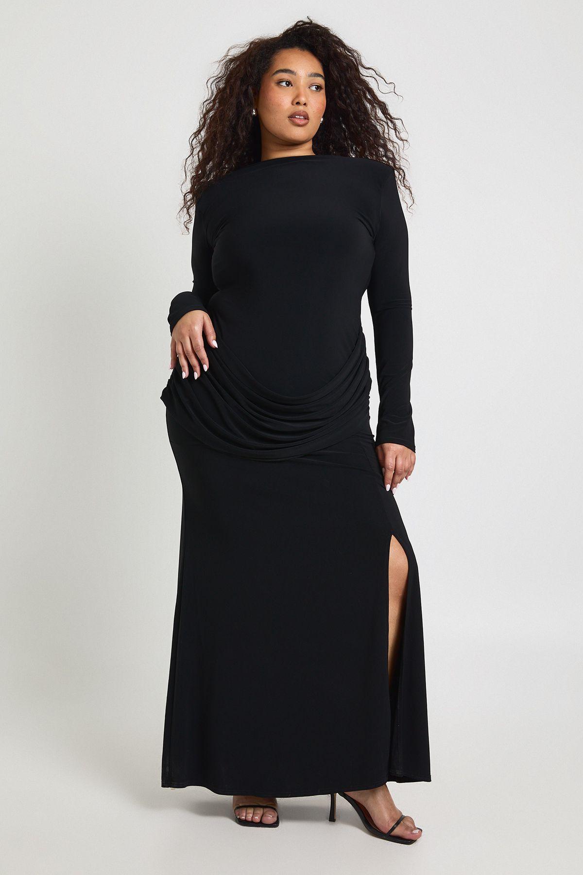 Plus Shoulder Pad Long Sleeve Draped Skirt Detail Maxi Dress by BOOHOO