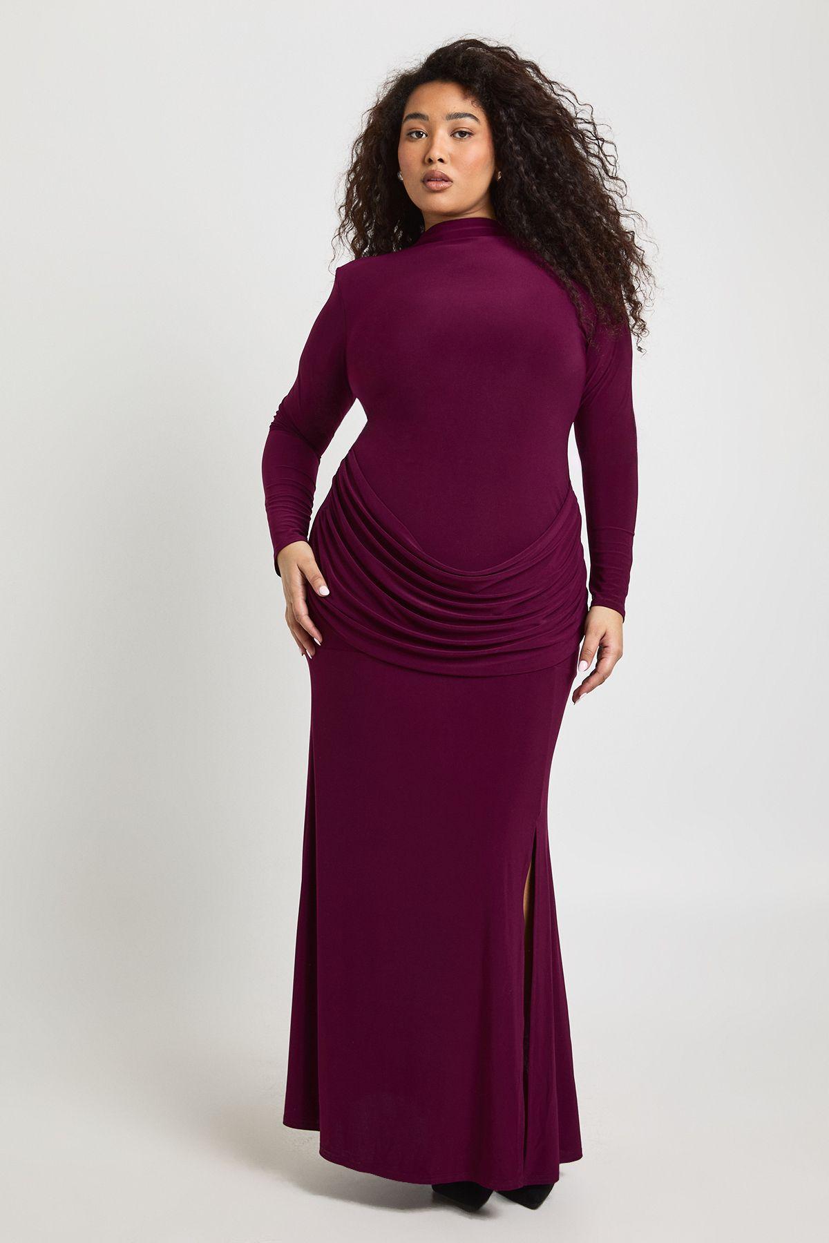 Plus Shoulder Pad Long Sleeve Draped Skirt Detail Maxi Dress by BOOHOO