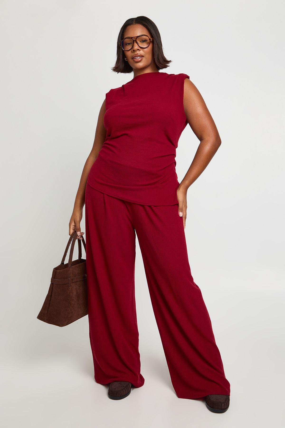 Plus Shoulder Pad Pleated Detail Asym Hem Top And Wide Leg Trousers by BOOHOO