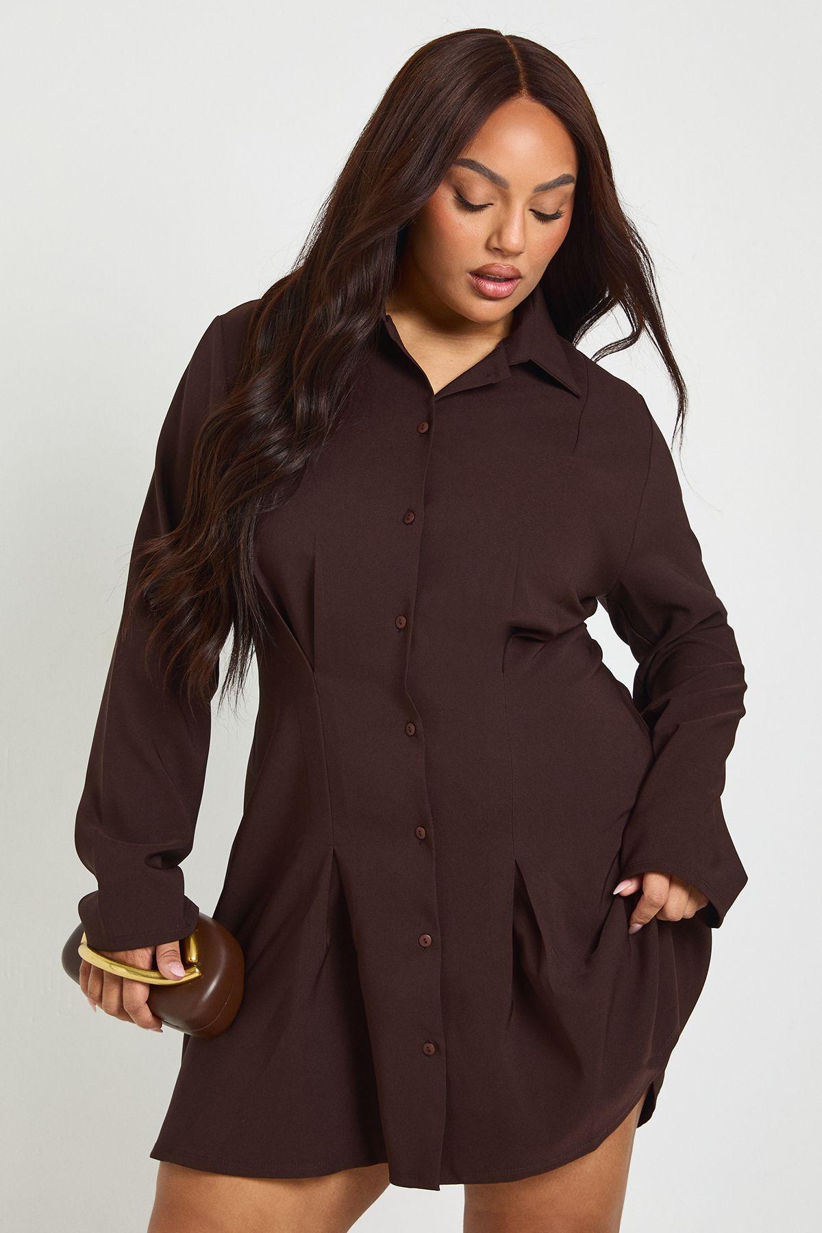 Plus Shoulder Pad Pleated Skirt Shirt Dress by BOOHOO