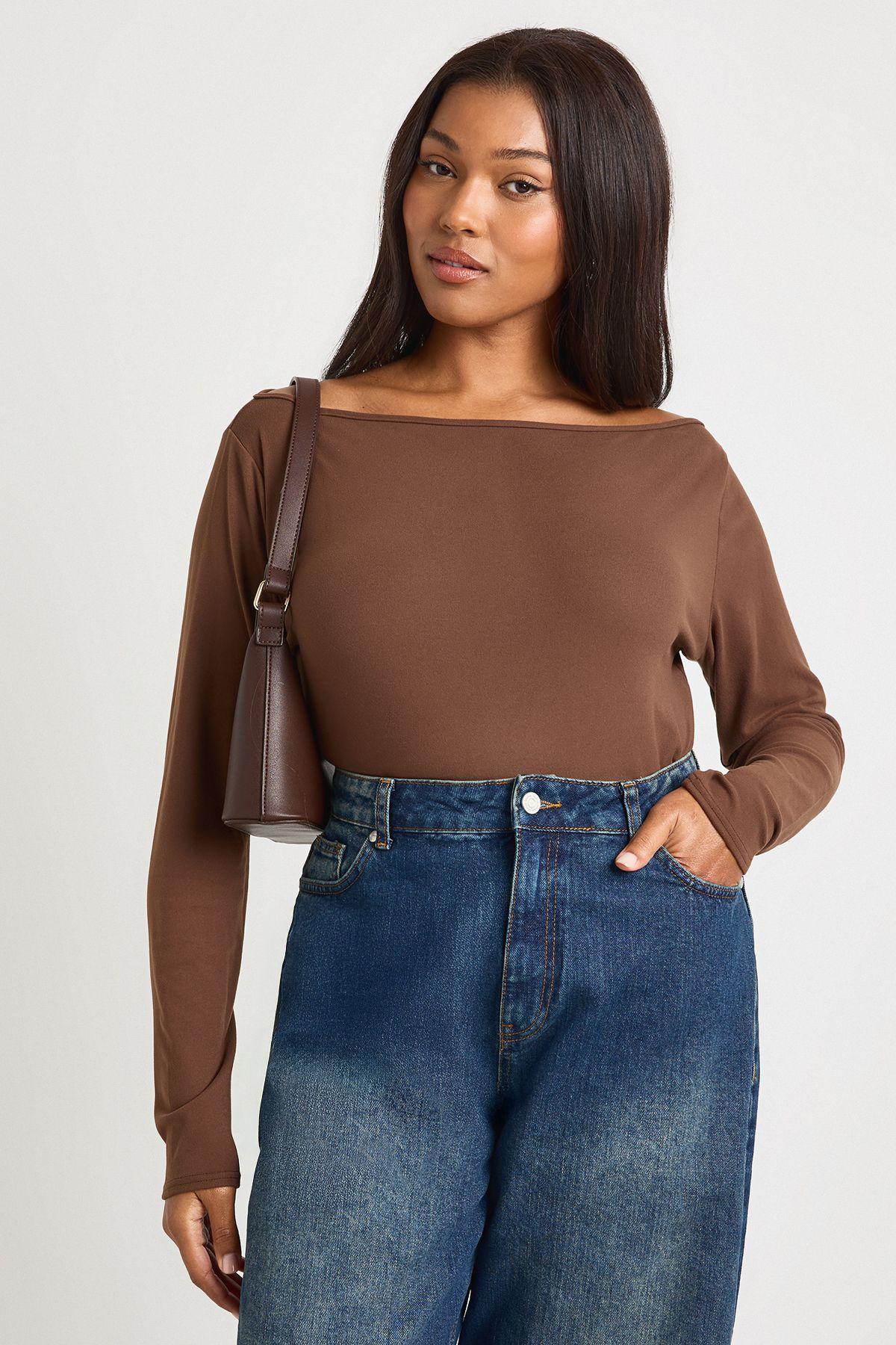 Plus Slash Neck Long Sleeve Top by BOOHOO