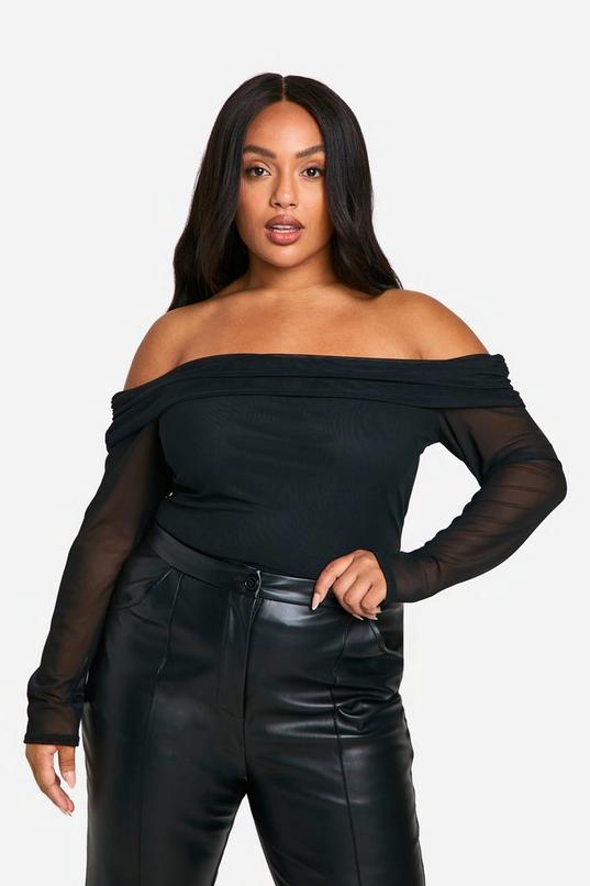 Plus Slash Neck Mesh Long Sleeve Top by BOOHOO