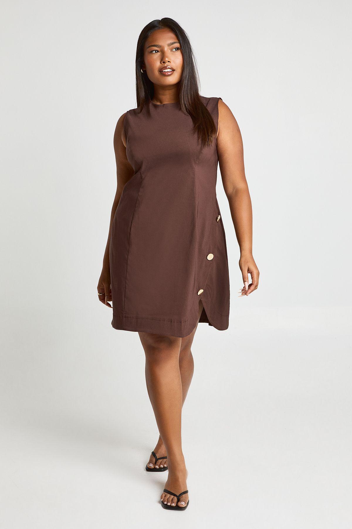 Plus Sleeveless Gold Button Shift Dress by BOOHOO Plus Sleeveless Gold Button Shift Dress by BOOHOO