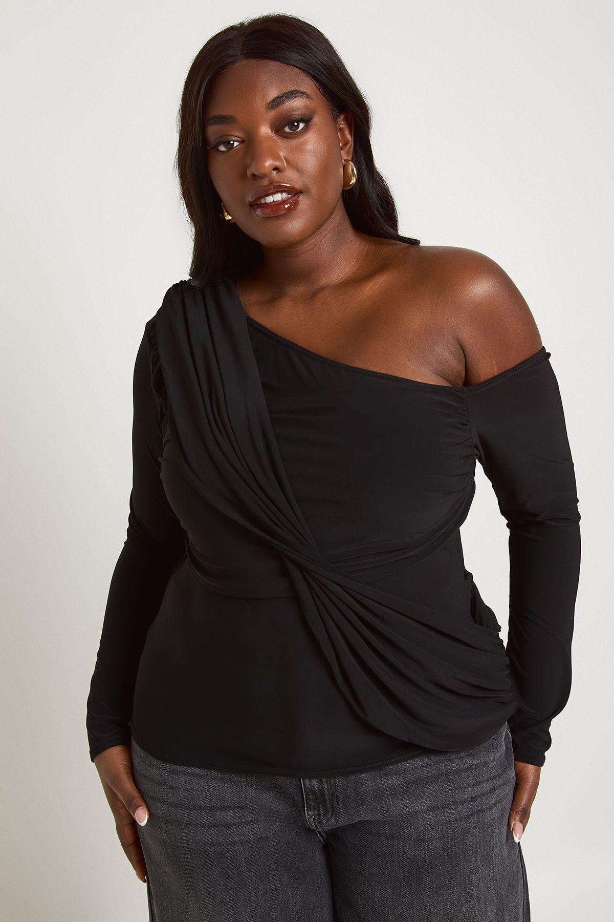 Plus Slinky Draped Asymmetric Top by BOOHOO