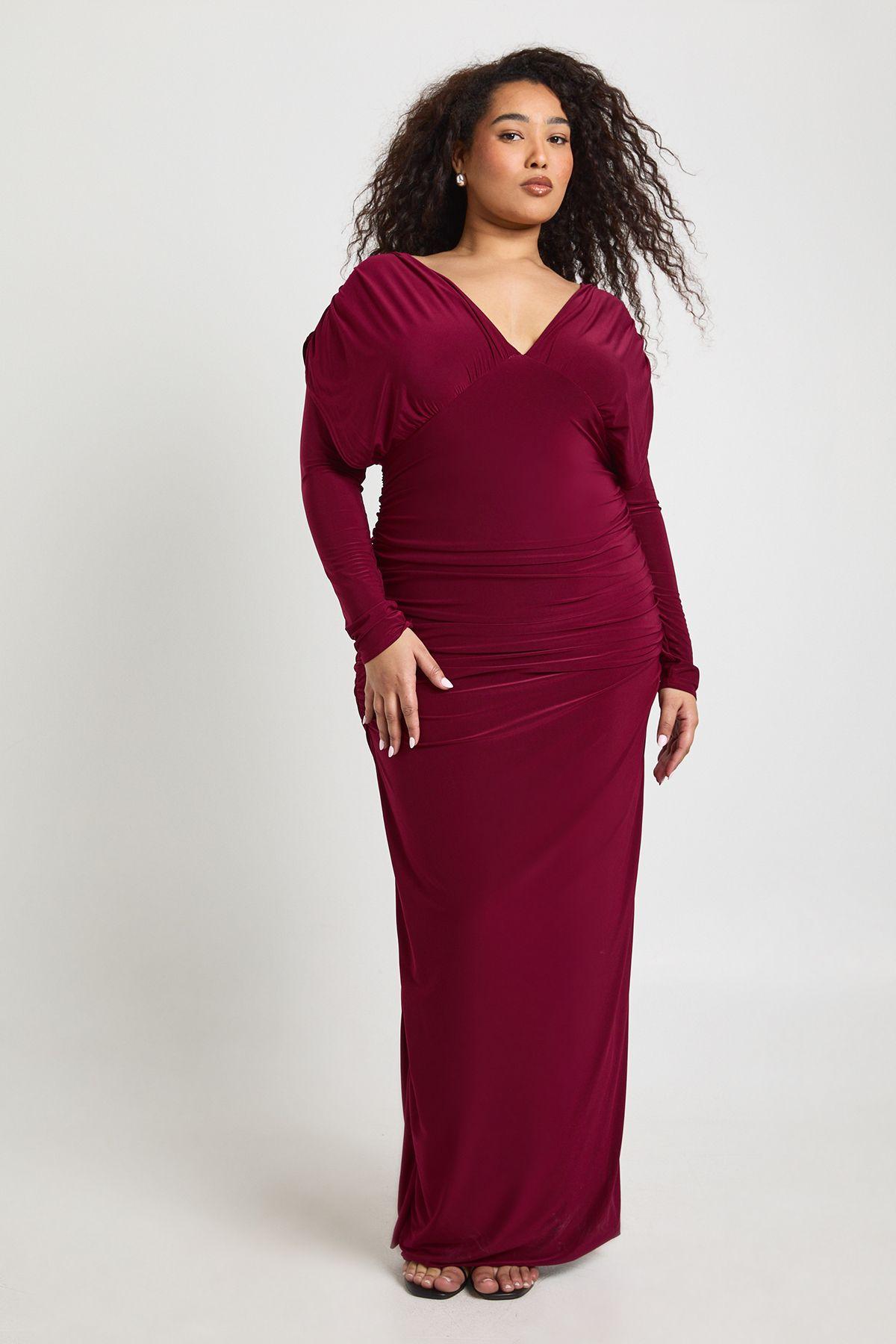 Plus Slinky Plunge Ruched Detail Maxi Dress by BOOHOO