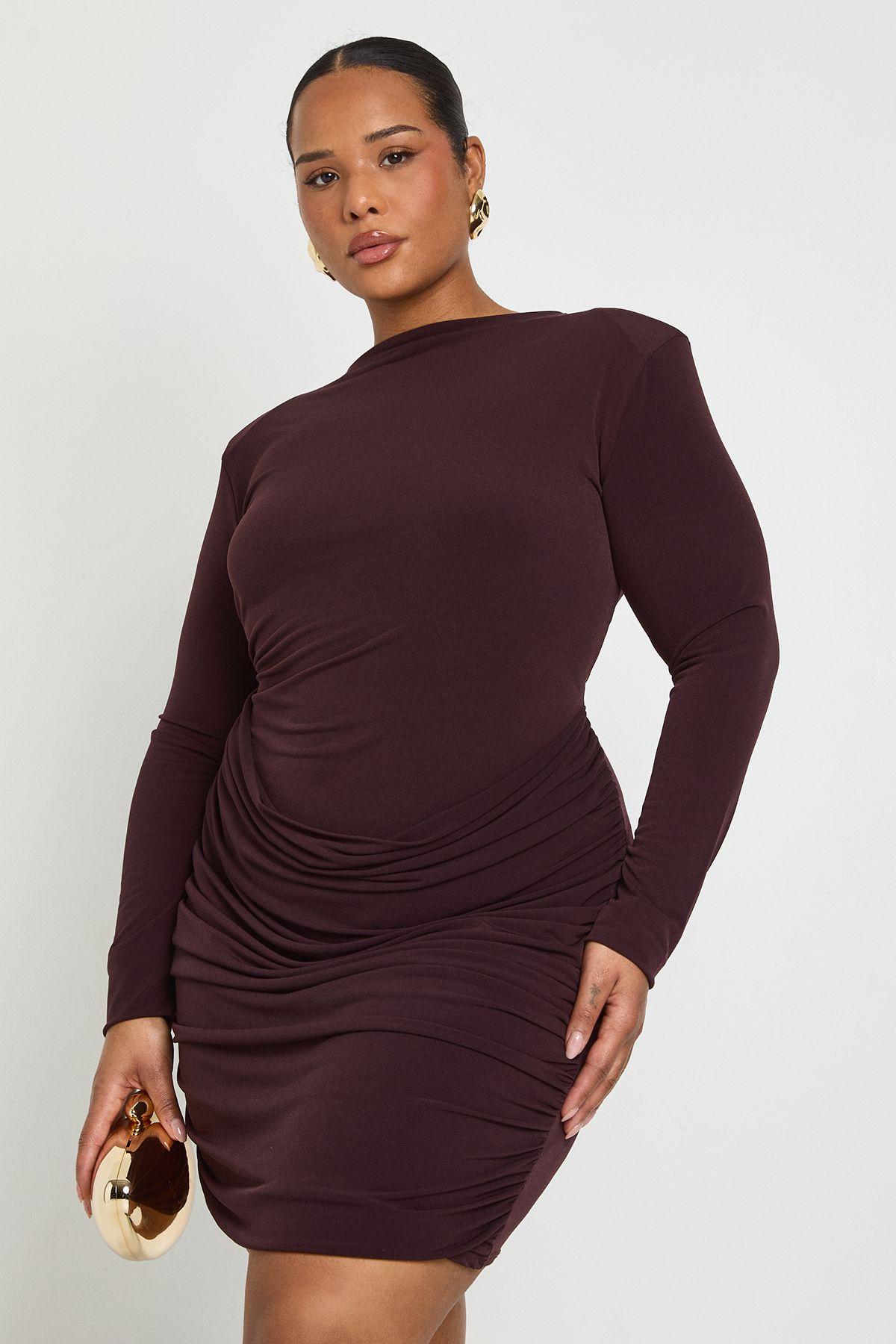 Plus Slinky Shoulder Pad Drape Ruched Dress by BOOHOO Plus Slinky Shoulder Pad Drape Ruched Dress by BOOHOO