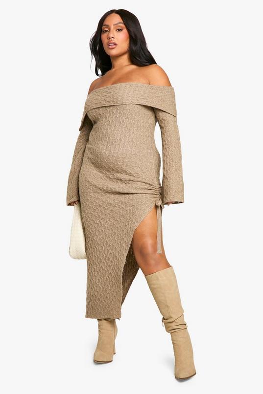 Plus Soft Cable Asymmetric Hem Bardot Maxi Dress by BOOHOO