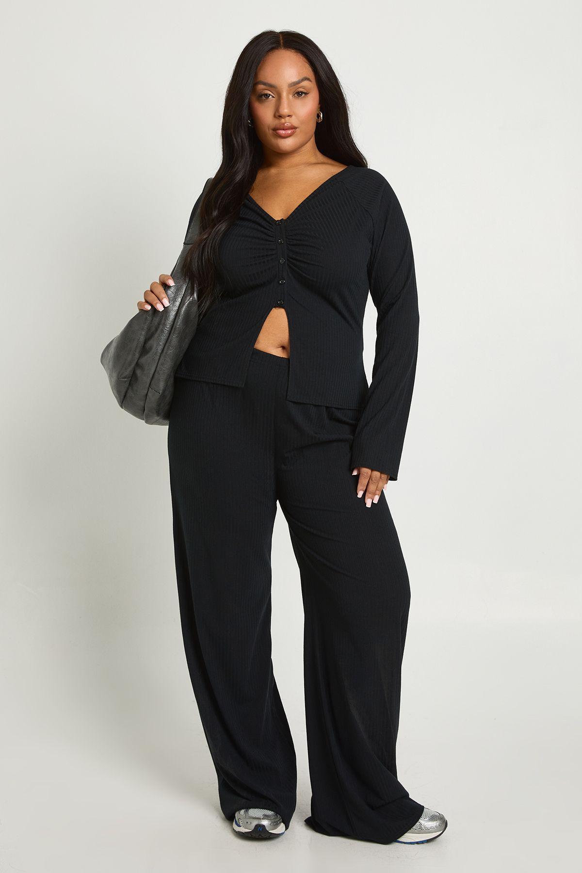 Plus Soft Rib Ruched Detail Button Through Top & Wide Leg Trouser Co-Ord by BOOHOO