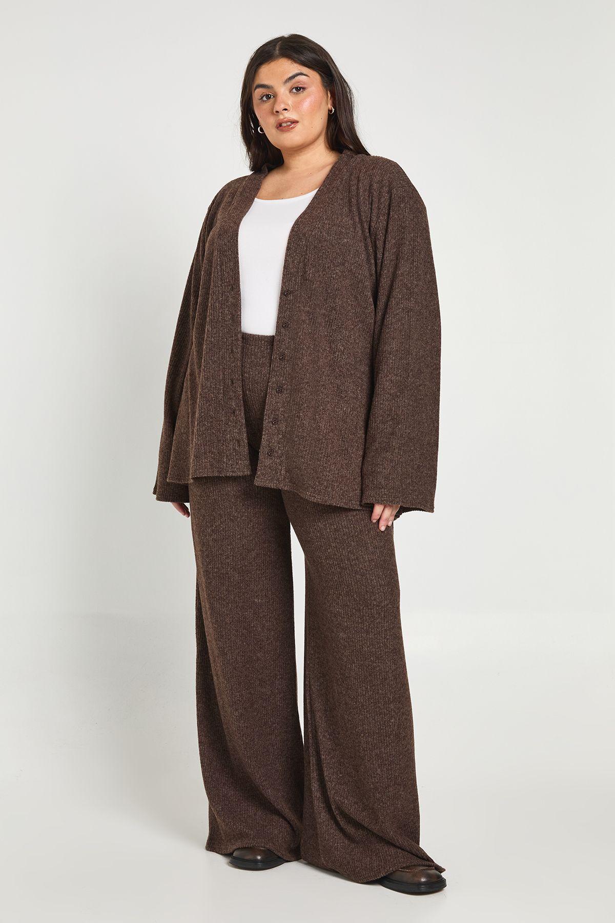 Plus Soft Rib Slouchy Cardigan & Wide Leg Trouser by BOOHOO