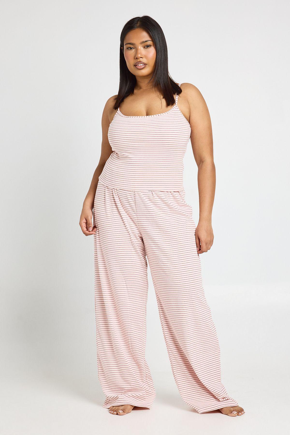 Plus Soft Rib Stripe Cami & Trouser Pyjama Set by BOOHOO